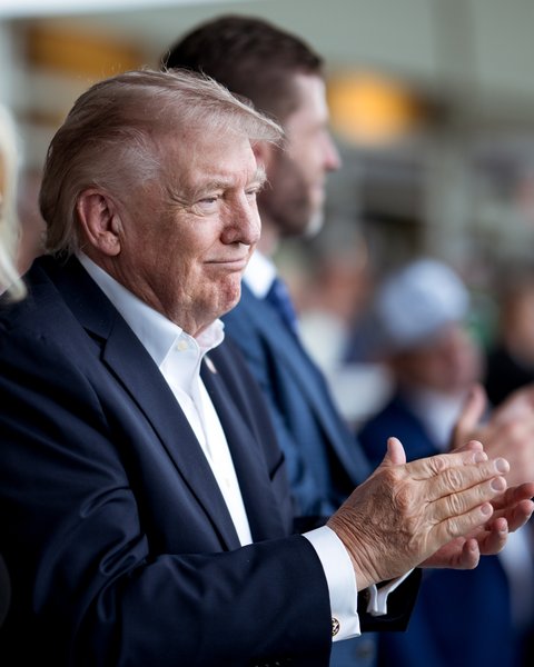 Trump applauds from the stands at the Doral Championship at Trump National Doral, May 2026
