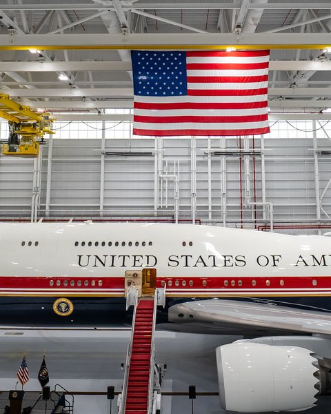 The Qatari-donated Boeing 747-8, painted as Air Force One, in a hangar at Joint Base Andrews